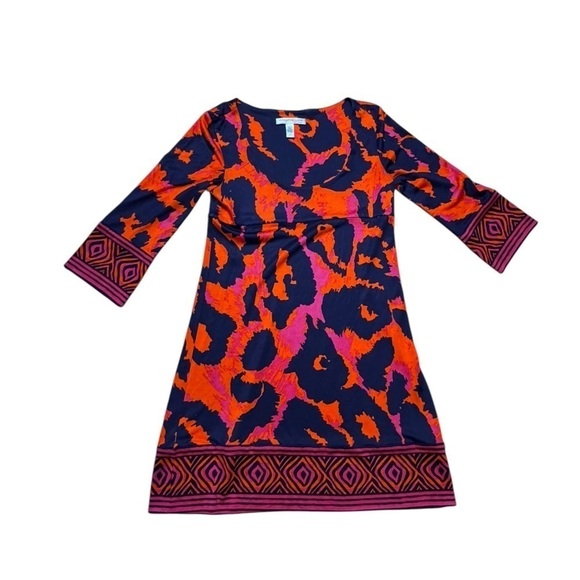 DIANE VON FURSTENBERG VINTAGE 100% Silk Orange Blue Dress Size 4 VGUC - Picture 1 of 5